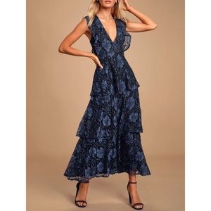 Lulus Molinetto Navy Blue Lace Ruffled Tiered Sleeveless Maxi Dress Small